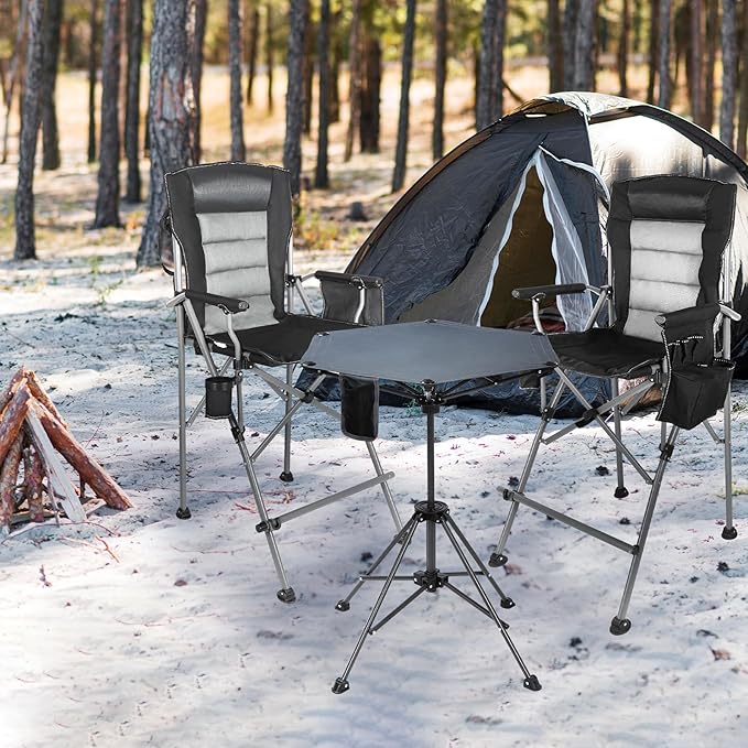 Extra Tall Folding Chairs & Adjustable Height Folding Table Set, Portable Outdoor Bar Table & Foldable Director Chairs with Makeup Pocket for Backyard,Beach,Travel with Storage Bag
