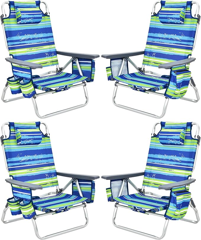 Tangkula Set of 4 Backpack Beach Chair, 5-Position Lay Flat Beach Chairs with Cooler Bag, 2 Cup Holders, Towel Bar, Lightweight Folding Beach Chair with Backpack Straps