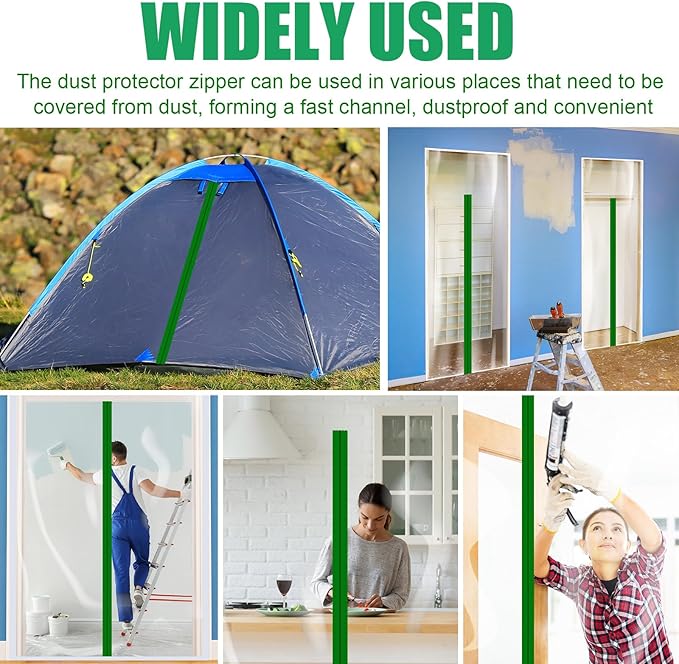 Tigeen 2 Roll Heavy Duty Zipper Door for Dust Barriers 7 ft x 3 Inch Self Adhesive Construction Zipper Door for Greenhouse Tent Accessories (Green)