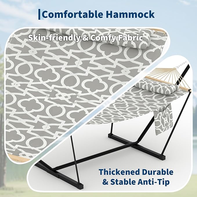 Double Hammock with Stand - Heavy Duty Portable 2 Person Design with Adjustable Steel Stand, Max 450LBS, Ideal for Outdoor Patio, Garden, Beach & Backyard
