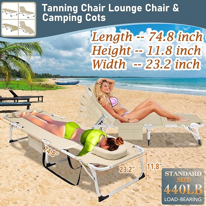ABORON Patio Lounge Chair, Folding Guest Bed Cot for Adults, 500LB Heavy-Duty Capacity, Portable Extra Bed with Comfort Mat, Quick Fold Design for Indoor Guest Stays & Temporary Use
