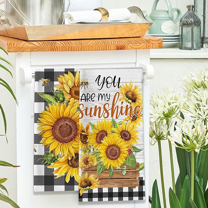 Sunflower Kitchen Towels, You are My Sunshine Dish Towels Set of 2, Farmhouse Sunflower Kitchen Decor, Summer Floral Buffalo Plaid Yellow Hand Towels for Housewarming (18x26 Inches)