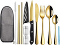 Travel Utensils with Case,Reusable Utensils,Portable Travel Camping Cutlery Set,Stainless Steel Flatware Set,Lunch Boxes Workplace Camping School Picnic (Gold)