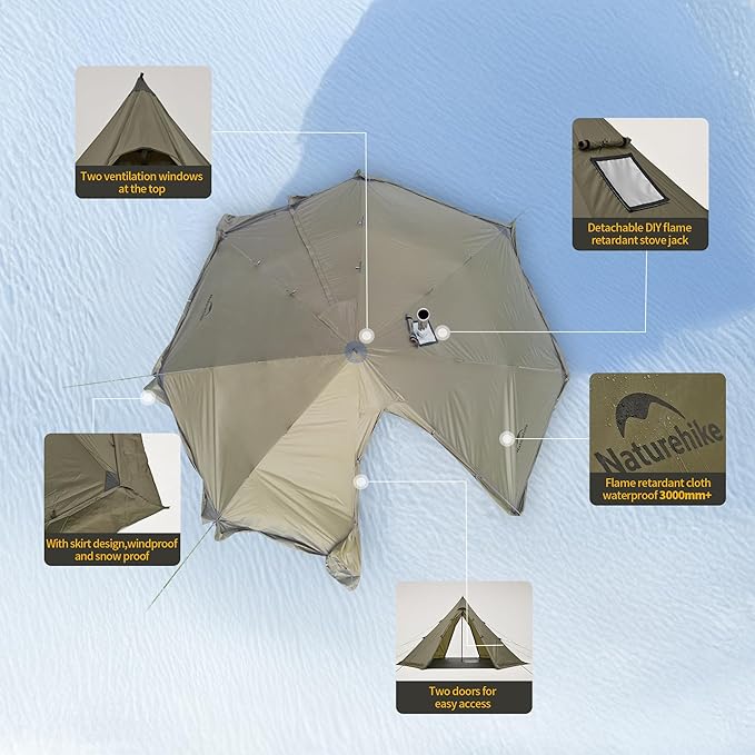 Naturehike Ranch Fire Teepee Tent, Cold Weather Winter Hot Tent with Stove Jack, 4-6 Person Waterproof Windproof 4 Season Tents for Camping