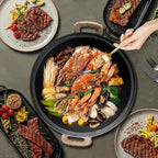 WANGYUANJI 14.2 inch Cast Iron Skillet & Grill Pan – Heavy-Duty Coating-free, Smokeless Flat Bottom, Dual Handles, All Stovetops, Indoor/Outdoor Use - Black
