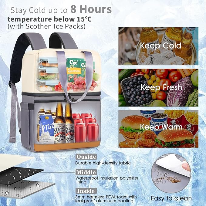 Backpack Cooler with Double Decker & 12 Ice Packs- Keeps 36 Cans Cold for Up to 24 Hours- Waterproof & Leak Proof Insulated Cooler Backpack- Stylish Cooler Bookbag for Women Travel Work Beach