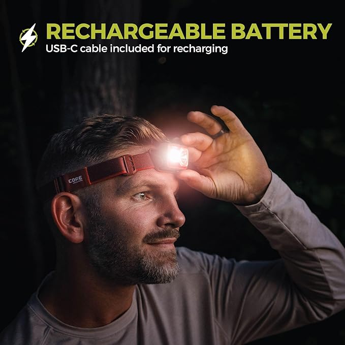 CORE 600 Lumen Rechargeable Headlamp (2-Pack) | USB LED Head Light with 4 Modes, Long Battery Life, Water Resistant | Ideal for Work, Emergency, Camping, Running, Hiking | USB Cable Included