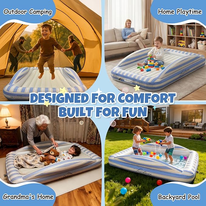 Inflatable Toddler Travel Bed with Cordless Rechargeable Air Pump – Comfy Removable Flocked Toddler Air Mattress & Safety Rails, Portable Kids Blow Up Bed for Home Camping Sleepover Vacation