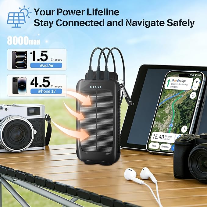 Portable Charger Solar Power Bank 8000mAh with USB-A and USB-C 5V/3A Output Port Black Battery Pack Compatible with iPhone, Samsung, Waterproof Emergency LED Flashlights Perfect for Camping, Hiking