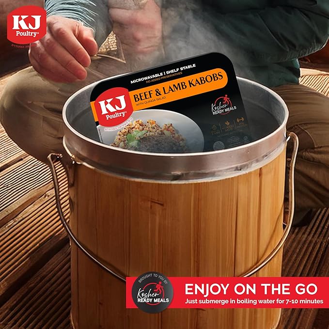 KJ Poultry Kosher Ready Meals - Beef Lamb Kabob & Quinoa, MRE Meat Meals Ready to Eat (12 Pack) Prepared Entree Fully Cooked, Shelf Stable Microwave Dinner Travel, Military, Camping Emergency Survival