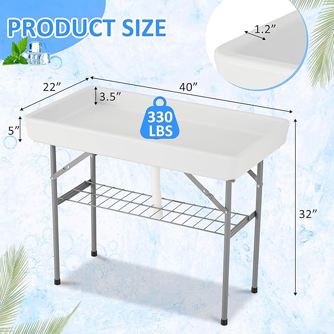 Dragosum Outdoor Cooler Table with Drain, Folding Ice Cooler Table with Removable Matching Skirt, Portable Table Coolers 4 Foot for Party BBQ Camping Wedding