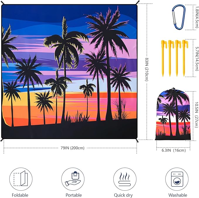 Beach Blanket Waterproof Sandproof Beach Mat 79" X 83"/10'x9'for 2-8 Adults Quick Drying Outdoor Picnic Mat Beach Accessories for Travel, Camping, Hiking