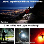 WINDFIRE Rechargeable Headlamp White Red LED Hunting Headlamps Super Bright 4 Modes 90° Adjustable Zoomable Head Lamp for Running Camping Hiking Fishing Night Vision Astronomy