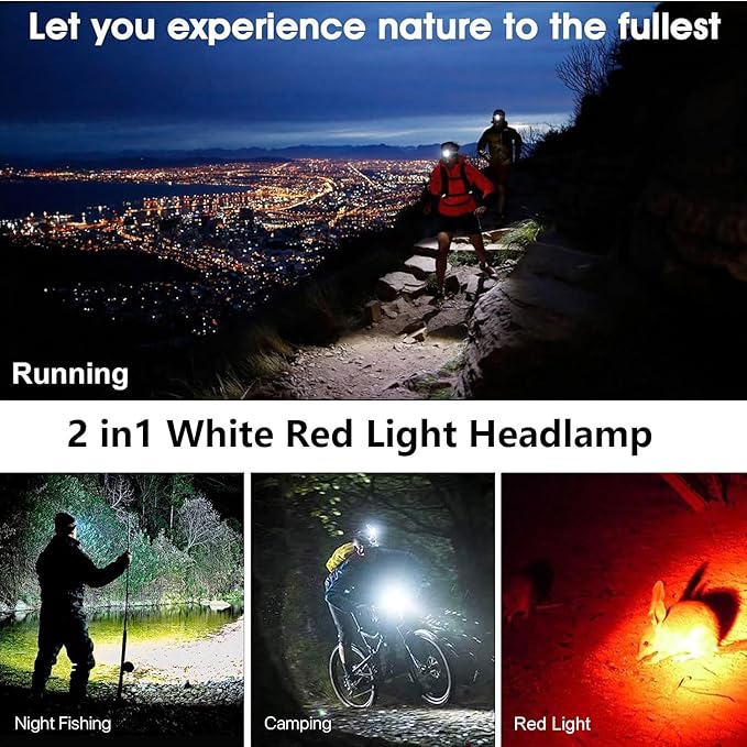 WINDFIRE Rechargeable Headlamp White Red LED Hunting Headlamps Super Bright 4 Modes 90° Adjustable Zoomable Head Lamp for Running Camping Hiking Fishing Night Vision Astronomy
