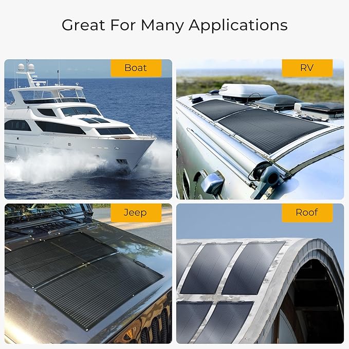 BougeRV Arch 200 Watts Fiberglass Flexible Solar Panel 23% High-Efficiency, 270° Lightweight, Portable Bendable 12 Volts 10BB Mono Cell for RV Camping Home Boat Marine Curve Surface Black