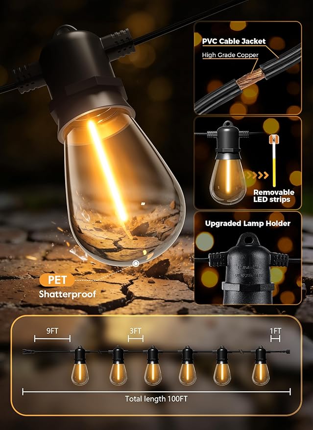 Minetom 100FT Solar-String-Lights-Outdoor-Waterproof, 31+2LED S14 Shatterproof Bulb, Patio Lights with Remote Type-C Port Timable, 3 Light Modes Dimmable Solar String Lights for Outside, Yard, Camping