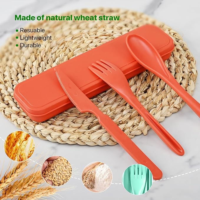 Travel Utensils Set with Case, 8 Sets Camping Utensils Reusable Wheat Straw Utensils Set With Case, Knife Spoon and Fork Set for Lunch Box