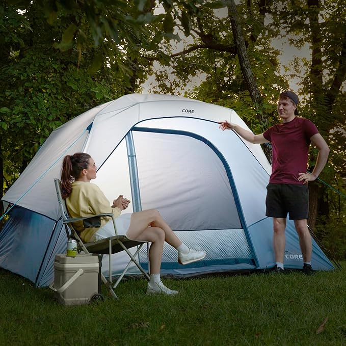 CORE 6 Person Lighted Dome Tent for Outdoor Family, Hiking, and Backpacking | Portable Dome Camp Tent with Storage Pockets for Camping Accessories
