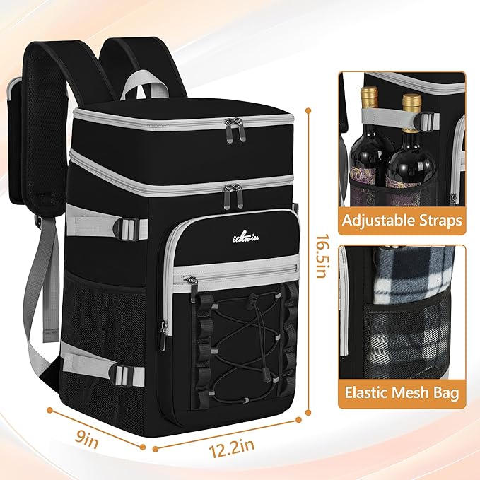 Cooler Backpack, 40 Cans Insulated Lunch Backpack Picnic Backpack for Men&Women, Durable Cooler Bag with 2 Leak Proof Compartments for Picnic, BBQ Camping, Lunch, Beach, Hiking, Black