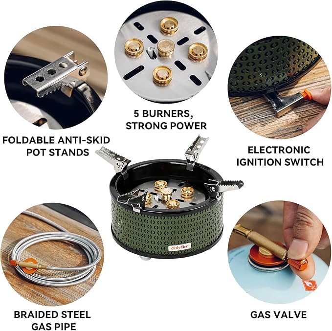 ONLYFIRE OUTDOOR LIVING Portable Camping Gas Stove with Storage Bag & Gas Adapters, 5 Burners Propane Stove for Outdoor Patio Cooking Picnic Camping Hiking Tailgating Emergency Use, Green GS344