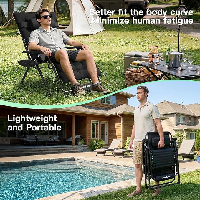 Amopatio Oversized Zero Gravity Chair w/Removable Cushion&Headrest, XXL 33In Reclining Camping Lounge Chair Upgraded Lock and Footrest, Folding Patio Recliner for Indoor Outdoor, Black