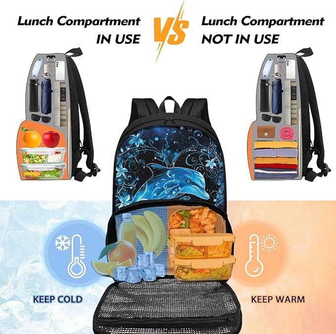 School Backpack with Multi Pockets, Lightweight Insulated Cooler Backpack Lunch Box, Casual School Work Nurse Hiking Outdoor Daypack Meal Bag, Blue Dolphin Floral