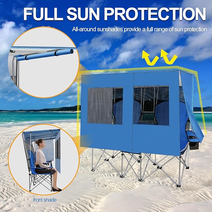 BESTHLS Double Canopy Camping Chair with Shade Folding Loveseat Chairs with Cup Holder Cooler Bag Organize Pouch for Camp Beach Sports Lawn Patio Outside (Blue)
