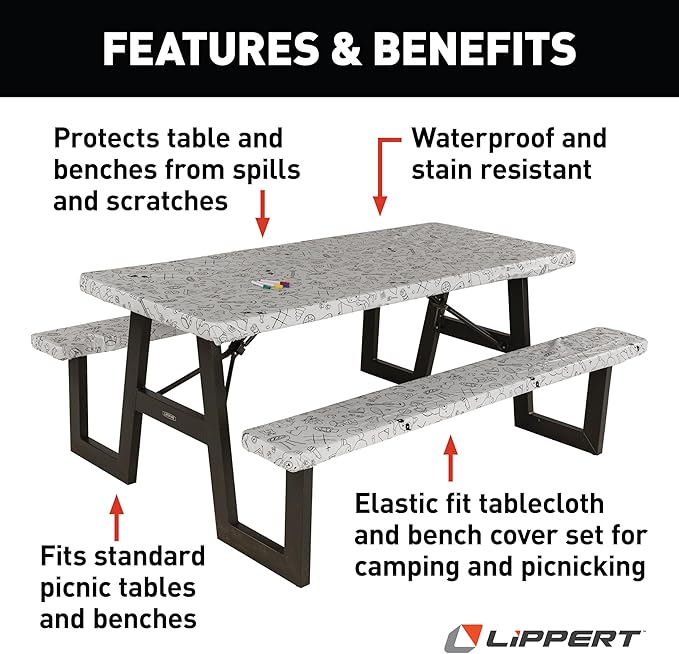 Lippert Color Escape Vinyl Tablecloth/Bench Cover Set for Camping and Picnics with 100% PEVA Material, Waterproof and Stain-Resistant Fabric - 2023051696