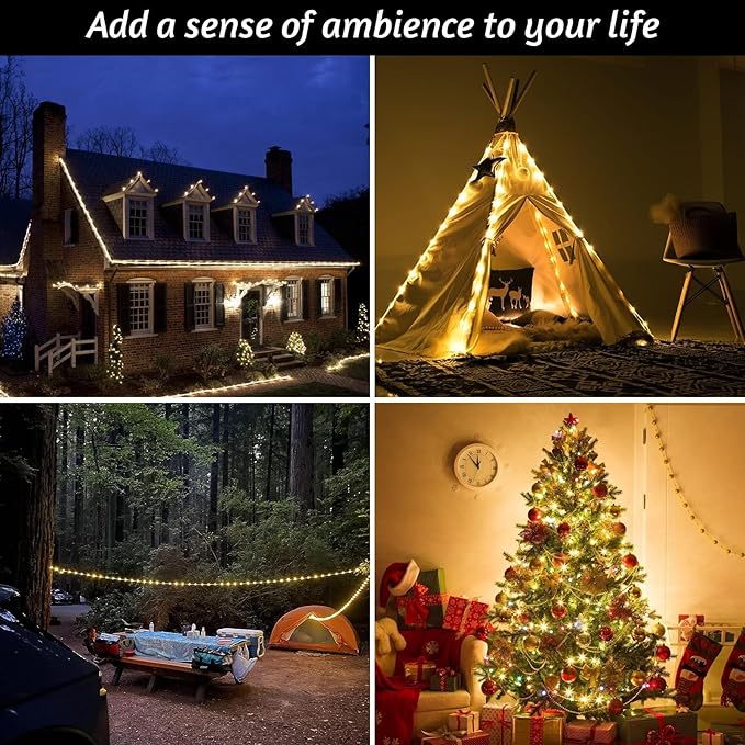 Camping String Lights, 32.8ft Portable Outdoor String Lights with 8 Lighting Modes, Qucick Storage, 2 in 1 Waterproof Camping Lanterns for Camping, Christmas, Outdoor