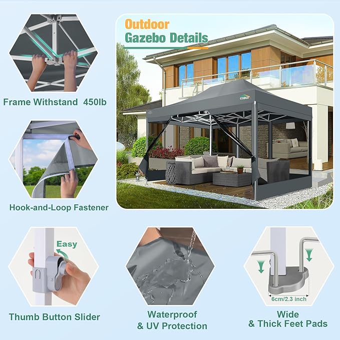 COBIZI 10x15 Heavy Duty Pop-Up Canopy Tent With Sidewalls, Waterproof Easy Setup, Mosquito Netting, Outdoor Instant Screen for Parties, Wedding, Backyard - Carry Bag Included, Gray