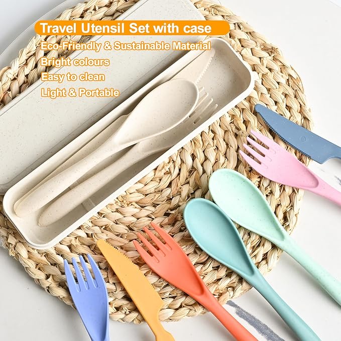 Travel Utensils Set with Case, 4 Sets Camping Utensils Wheat Straw Reusable Utensils Set With Case, Knife Fork and Spoon Utensils for Lunch Box