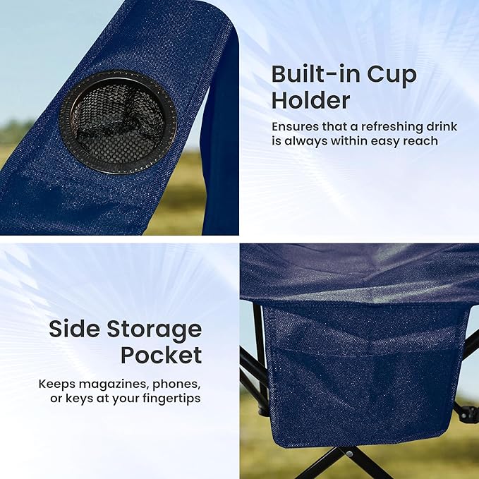 Portable Camping Chair 2 Pack, Folding Outdoor Chair with Cup Holder & Side Pocket for Camping, Hiking, Picnic, Beach (Navy Blue)