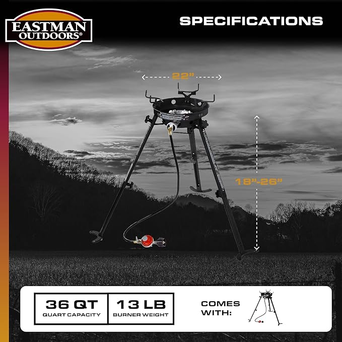 Eastman Outdoors 90411 Portable Kahuna Burner with XL Pot and Wok Brackets with Adjustable and Removable Legs, Black, Pack of 1