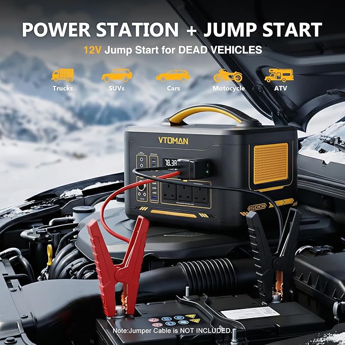 VTOMAN Jump1500X Portable Power Station, 828Wh LiFePO4 Battery Solar Generator with Jump Start, 1500W AC Outlet, 100W PD Type-C, Large Capacity Expandable to 2376Wh for Camping, RV Travel, Home Backup