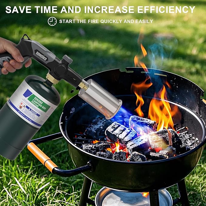 Sondiko Powerful Grill & Cooking Propane Torch L8010, Sous Vide, Welding Torch, Adjustable Wood Torch Burner for Searing Steak, BBQ, Campfire Starter(Black, Grey) Propane Tank Not Included