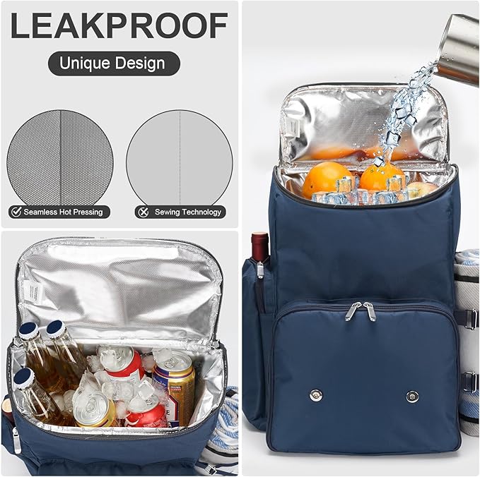 Picnic Backpack for 2 Person with Large Insulated Cooler Bag, Picnic Basket Set with Wine Pouch, Waterproof Picnic Blanket & Cutlery Set. Perfect for, Camping, Party,Wedding Gift for Couple,Blue
