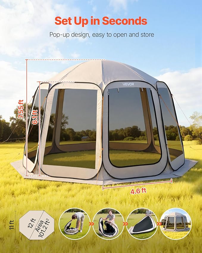 VEVOR 12 x 11 ft Pop up Screen House Tent, 10-12 Person Screen Gazebo w/Carry Bag, Netting Sides & Ground Stakes, Quick Setup, Screened in Canopy for Garden, Patio & Backyard, Outdoor, Beige