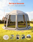 VEVOR 12 x 11 ft Pop up Screen House Tent, 10-12 Person Screen Gazebo w/Carry Bag, Netting Sides & Ground Stakes, Quick Setup, Screened in Canopy for Garden, Patio & Backyard, Outdoor, Beige