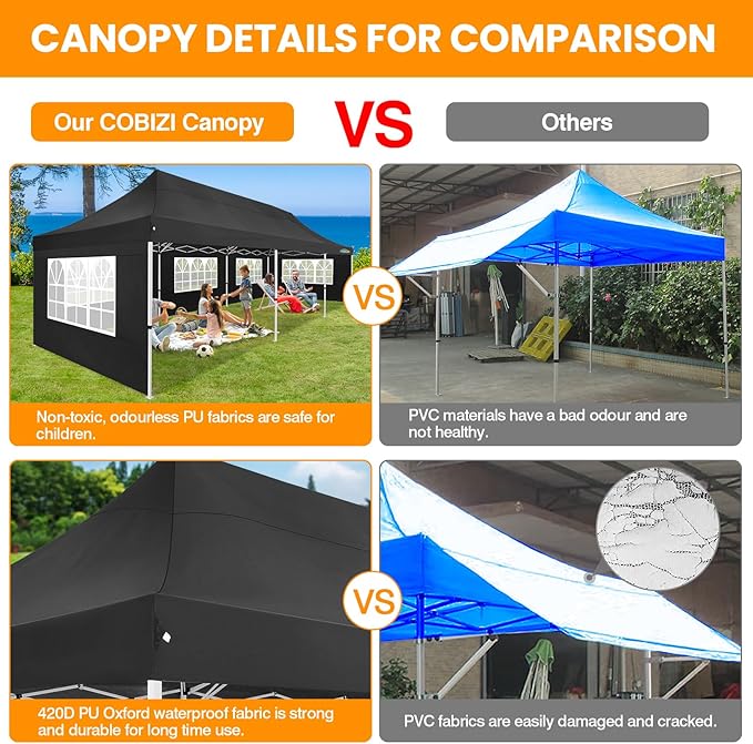 COBIZI 10x30 Pop up Canopy with Roller Bag & 8 Removable Sidewalls, Canopy Tent for Parties, Wedding, and Commercials, Waterproof and Instant Shelter UV50+ Outdoor Gazebo with 4 Sandbags(Black)