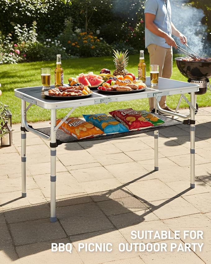 Outvita Folding Table, 3FT Aluminum Camping Table with Storage Adjustable Height Picnic Table Lightweight for Carring Outdoor Party Events Beach