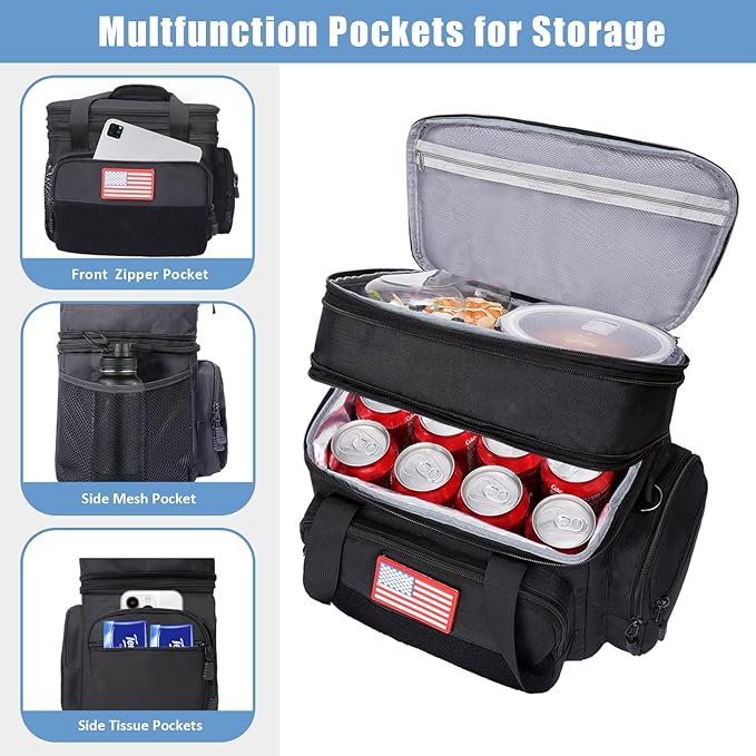 16 L Insulated Lunch Bag for Men Women, Double Deck Tactical Cooler Lunchbox with Leak Resistant Liner, Adjustable Shoulder Strap for Work, Picnic, Hiking, Camping, 12.01" x 8.07"11.47", Black