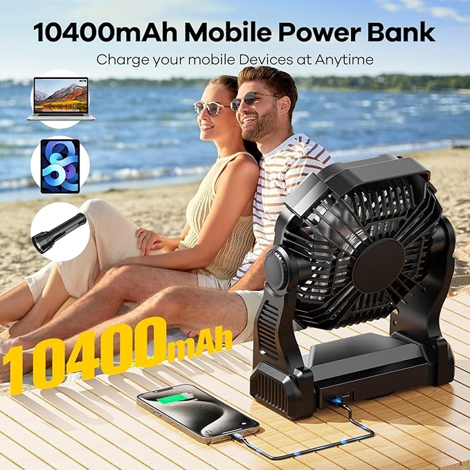 15000mAh Portable Battery Powered Camping Fan - with LED Light, Quiet Battery Operated, Camping Gear for Travel, Tent, Beach, Car or Hurricane Power Outages，Black