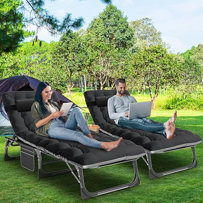 LILYPELLE Folding Lounge Chair with Mattress, 5 Position Adjustable Folding Cot Portable Outdoor Folding Chaise Lounge Chair for Outside, Sunbathing, Camping, Pool, Beach, Patio, Black Deep