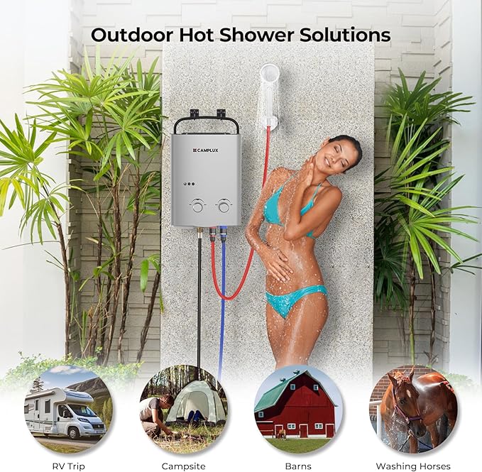 CAMPLUX 1.32 GPM Tankless Water Heater Portable, 5L Outdoor Propane Water Heater for Camping Trip with Overheating Protection, AY132G, Gray