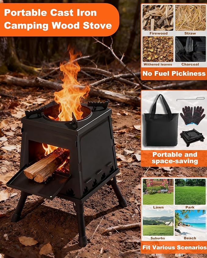 Portable Wood Burning Stove - Lightweight Cast Iron Camp Stove for Backpacking，A Small Size 8.9in * 8.9in * 8.7in Backpacking Camping Stove Kit (Black, Small)