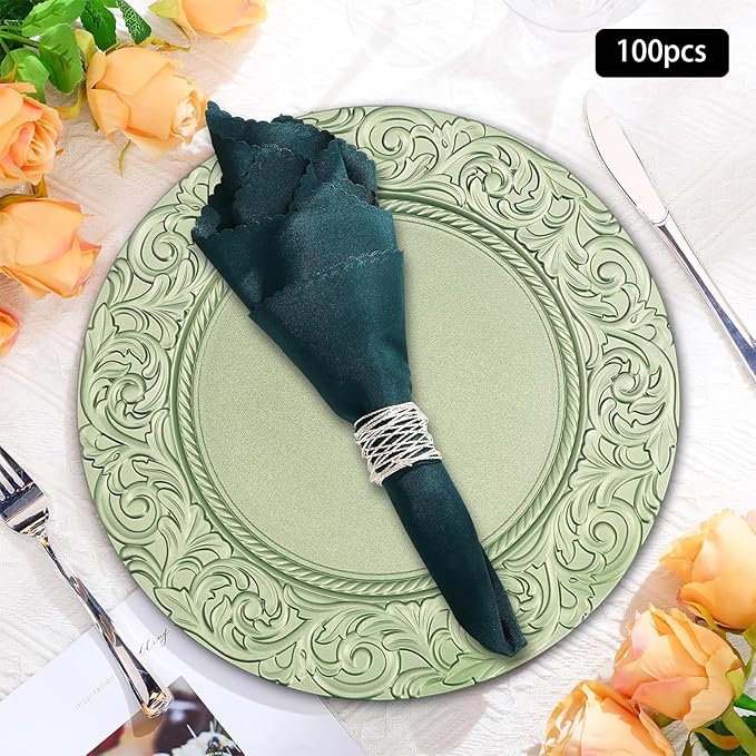 CNCEST 100 PCS Antique Charger Plates Bulk 13'' Plastic Embossed Dinner Plate Chargers Round Floral Plates for Wedding Decorative Chargers for Table Dinner Kitchen Party Decoration (Green)