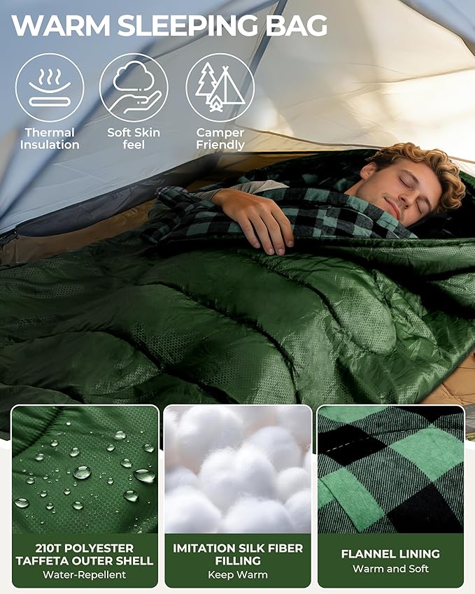 Sportneer Sleeping Bags for Adults, 0 Degree Sleeping Bag XL Flannel Winter Cold Weather Sleeping Bag with Detachable Hood Compression Sack for Camping, Backpacking, Hiking