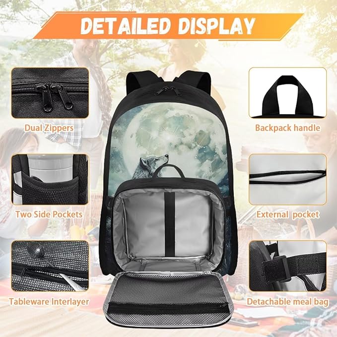 Wolf Backpack with Lunch Box for Men Large Capacity Bookbag for Teen Boys 17 Inches Polyester Book Bag with Adjustable Shoulder Strap for Outdoor