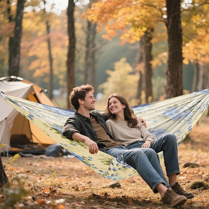Yellow Background Blue Flower Camping Hammock Single Portable Hammocks 330 lbs Capacity with 2 Tree Straps and Attached Carry Bag,Perfect for Outdoor,Indoor,Beach,Camping,Travel