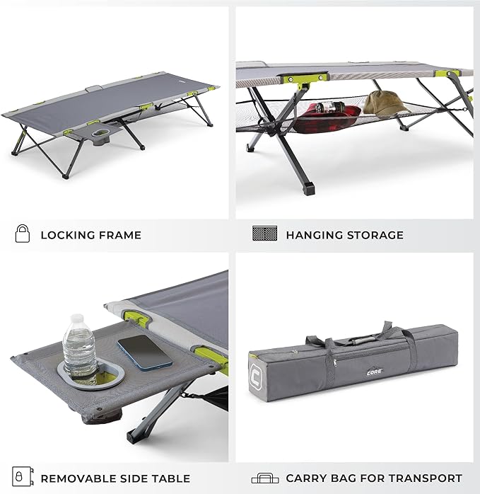 CORE Folding Camping Cot | Extra Wide Heavy Duty Camp Cot with Removable Side Table & Mesh Gear Loft | Folding & Portable Camp Bed with Carry Bag | Supports 300 lbs